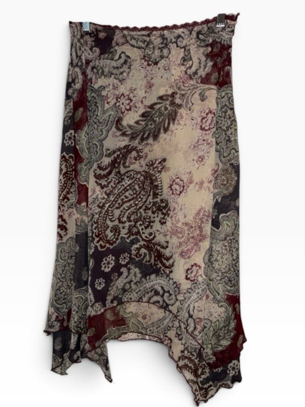 Free People Paisley Asymmetrical Midi Skirt Burgundy Cream Mint Green Grey Sz XS